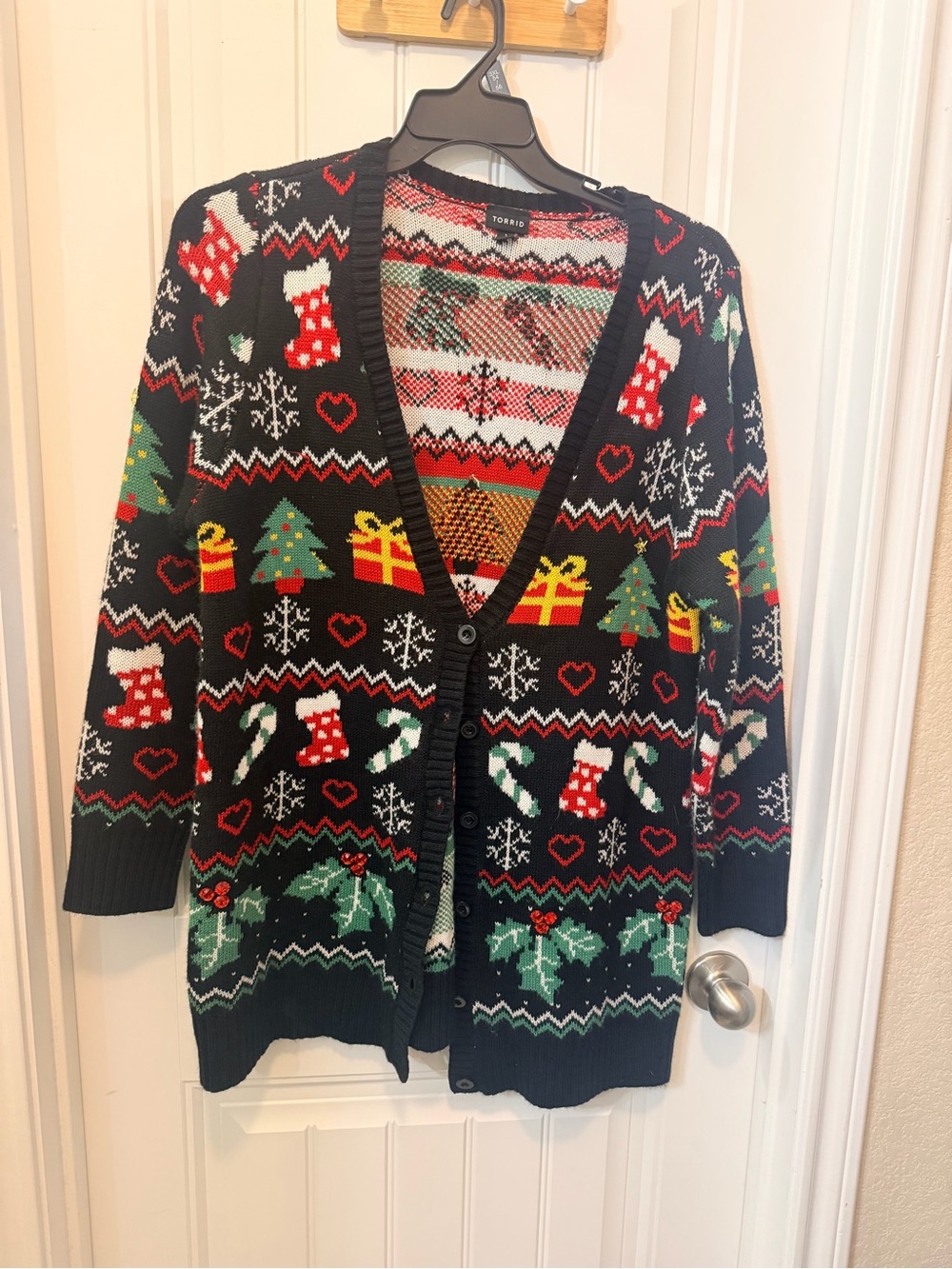 torrid Black Holiday Motif Cardigan with Red, Green & White Accents
